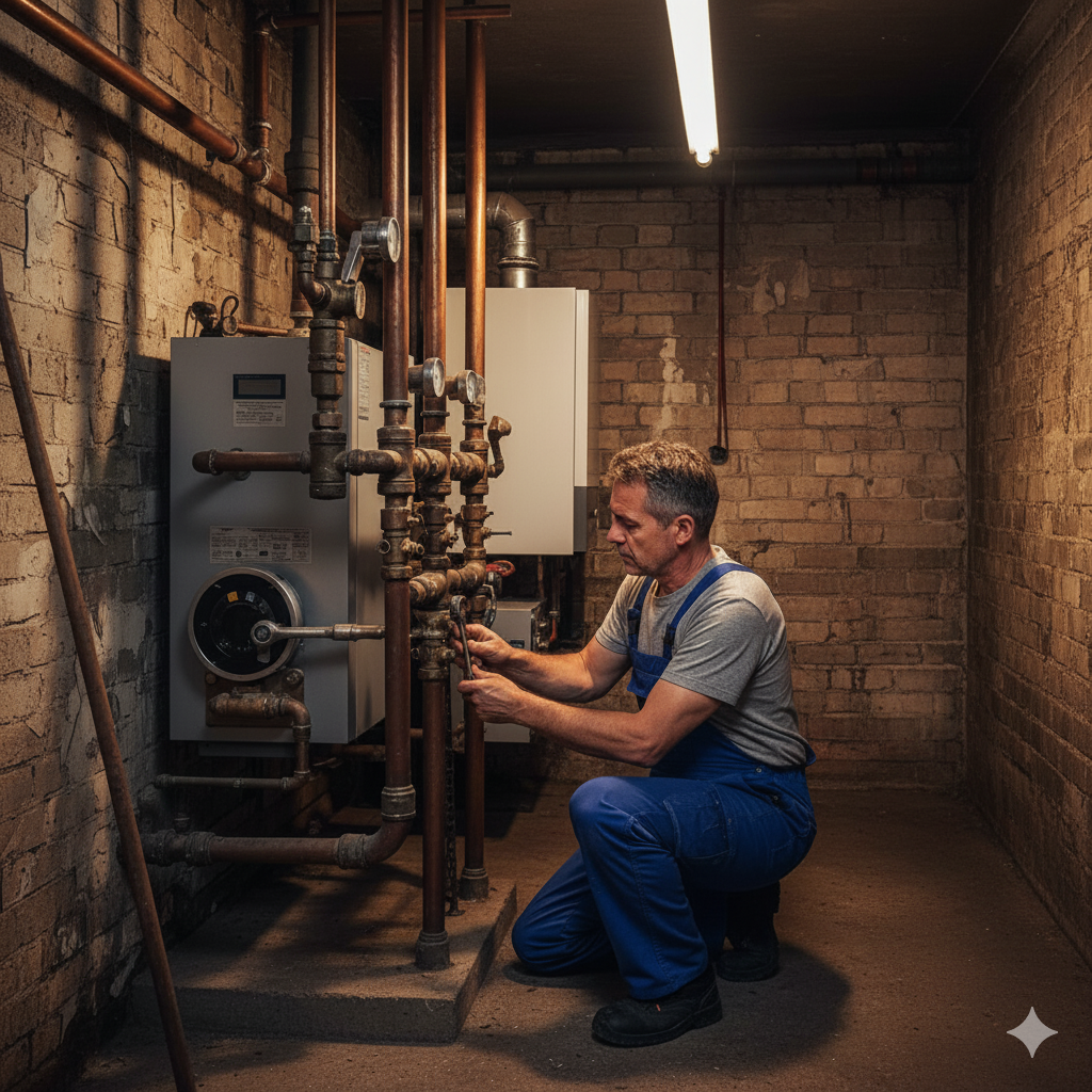 Techniker arbeitet im Heizungskeller