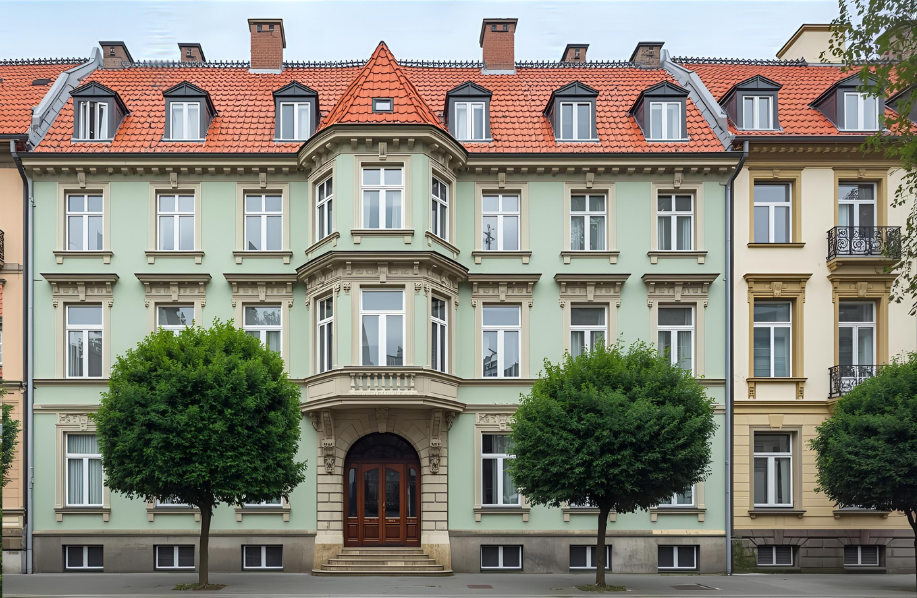 grünes Jugendstilhaus. Reihenmittenhaus